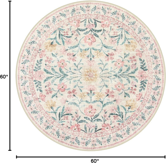 Wonnitar Pink Floral Round Rugs 5ft, Soft Circle Rug Non Slip Washable Round Carpet, Boho Non-Shedding Flower Distressed Circle Carpets for Bedroom Girls Room Nursery