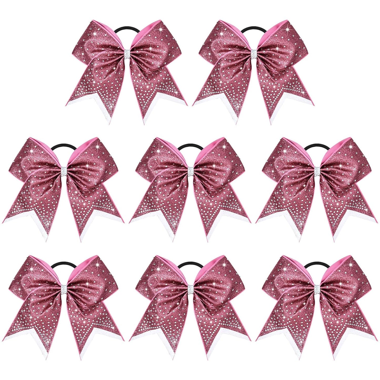 8PCS Glitter Cheer Bow Large Cheer Bows Rhinestones Hair Bows Girls 8"Cheerleading Bows Bulk Elastic Band Ponytail Holder for Teen Girls College Sports Competition Pink