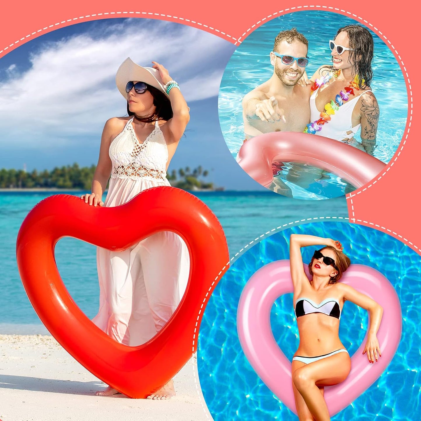 Zhanmai 3 Pcs Inflatable Heart Pool Float 47.3 x 39.4 Inch Swim Heart Shaped Pool Rings for Adults Water Floatie Summer Swimming Tube for Beach Bachelorette Part