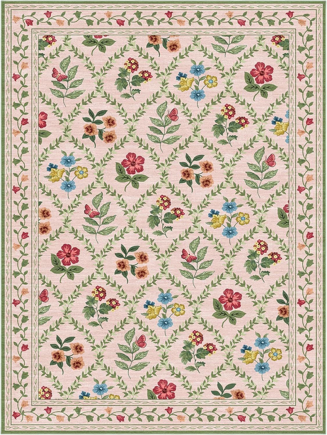 Washable 9x12 Area Rugs - Large Stain Resistant Pink Living Room Rug Non-Slip Soft Boho Floral Rugs for Bedroom Aesthetic Farmhouse Flower Big Carpet for Dining Room Under Table Kids Room