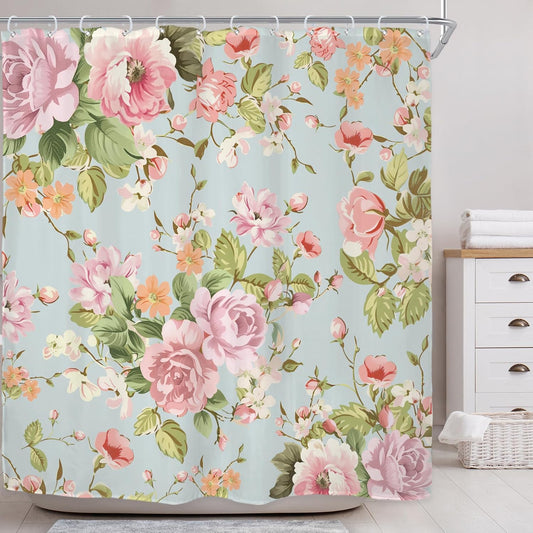 Riyidecor Pink Floral Fabric Shower Curtain for Bathroom 72Wx72H Inch Rose Floral Blooming Green Leaves for Girl Women Bathtub Accessories Decor Rustic Waterproof Fabric Bathroom 12 Pack Hooks WW-NDHC