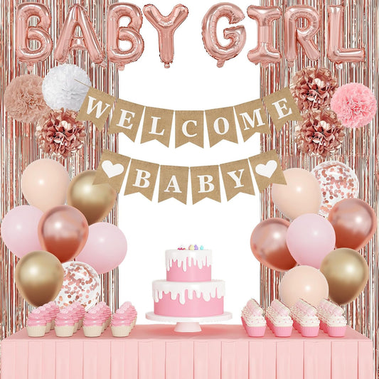 Ouddy Party Rose Gold Baby Shower Decorations for Girl with Welcome Baby Banner Baby Girls Rose Gold Pink Gold White Foil Balloons Fringe Curtains Paper Pom Poms for Baby Shower Reveal Party Supplies
