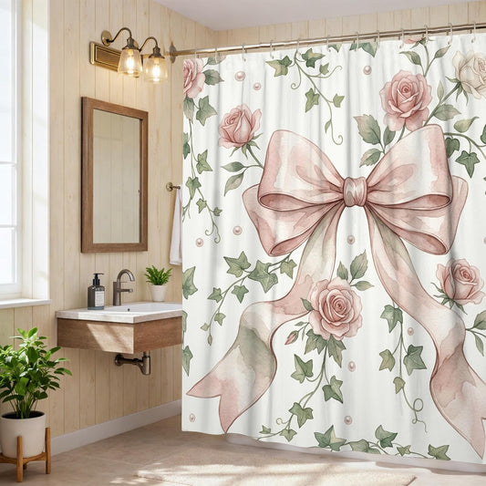 Bow Shower Curtain, Vintage Romantic Rose Ivy Spring Peach Waterproof Fabric Clawfoot Tub Shower Curtains Decor for Bathroom Guest Room 72x72 Inch