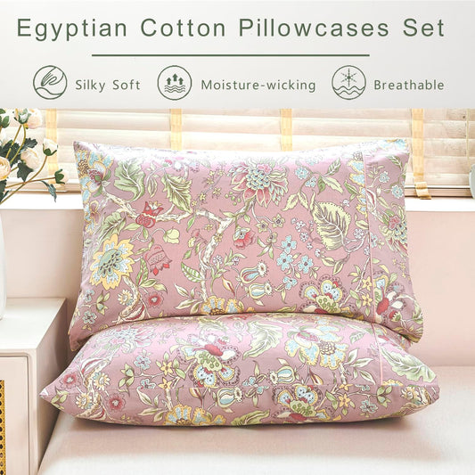 URBONUR 100% Cotton Pillowcases Set of 2 Queen Size Vintage Pink Floral Printed Pillow Cases Soft Cooling Pillowcase Decorative Pillow Cover (Queen, 20x30 Inches, Pink Flowers)