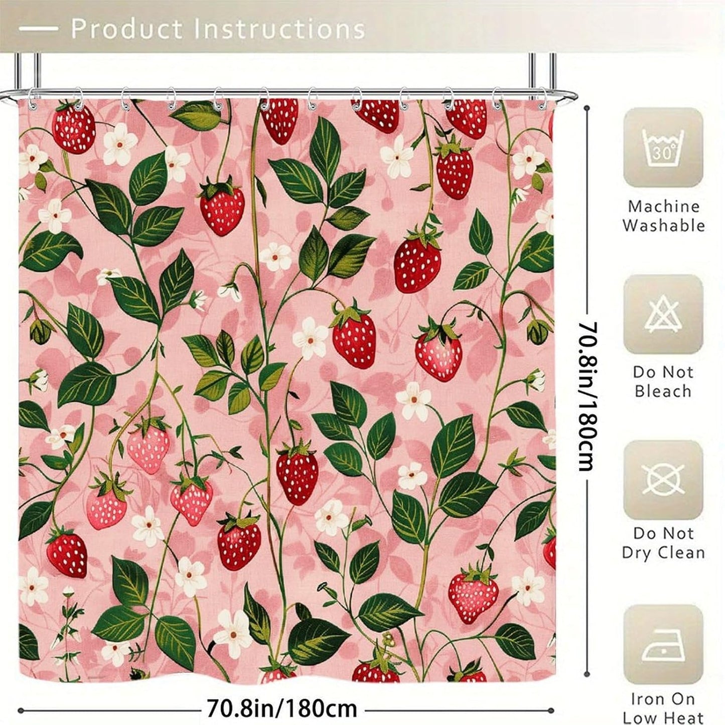 Peach Strawberry Print Shower Curtains with Hooks Luxury Polyester Cloth Shower Curtain Exquisite Bath Curtains Waterproof Bathroom Shower Curtain for Bathtubs Partitions 71"x71"