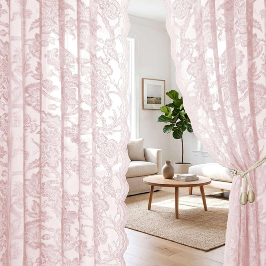H.VERSAILTEX Vintage Lace Curtains 84 Inch Length 2 Panles, Victorian Floral Pretty Elegant for Girls Room Light Filtering Privacy Semi Sheer Lace Drapes with Rod Pocket, 52" W x 84 "L, Light Pink