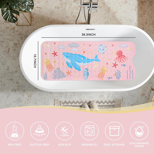 PRATIQUE Kids Bath Mat for Tub Non Slip,40 X 16 Inch Extra Long Kids Bathtub Mat Ocean Bathtub Shower Mat Safety Anti Slip with Suction Cups and Drain Holes, Machine Washable(Pink Whale)