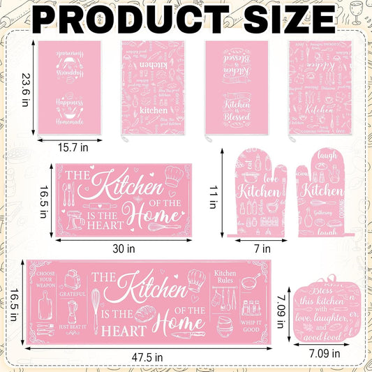 Pink Kitchen Accessories Set 10 Piece - Cute Baking Theme Kitchen Towels, Rugs, Oven Mitts and Pot Holders - Happiness is Homemade Retro Decor Gift for Baker, Mom, Women