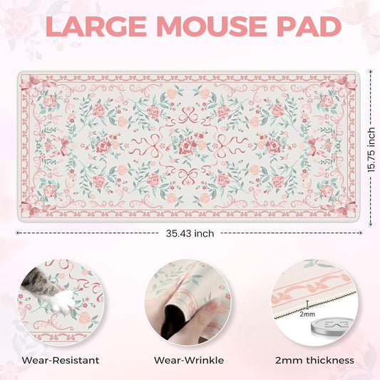 iCasso Pink Desk Mat for Desktop,Cute Desk Pad for Women,Girly Bow Mouse Pad with Stitched Edges,Non-Slip Large Computer Mat for Home Office Study Gaming