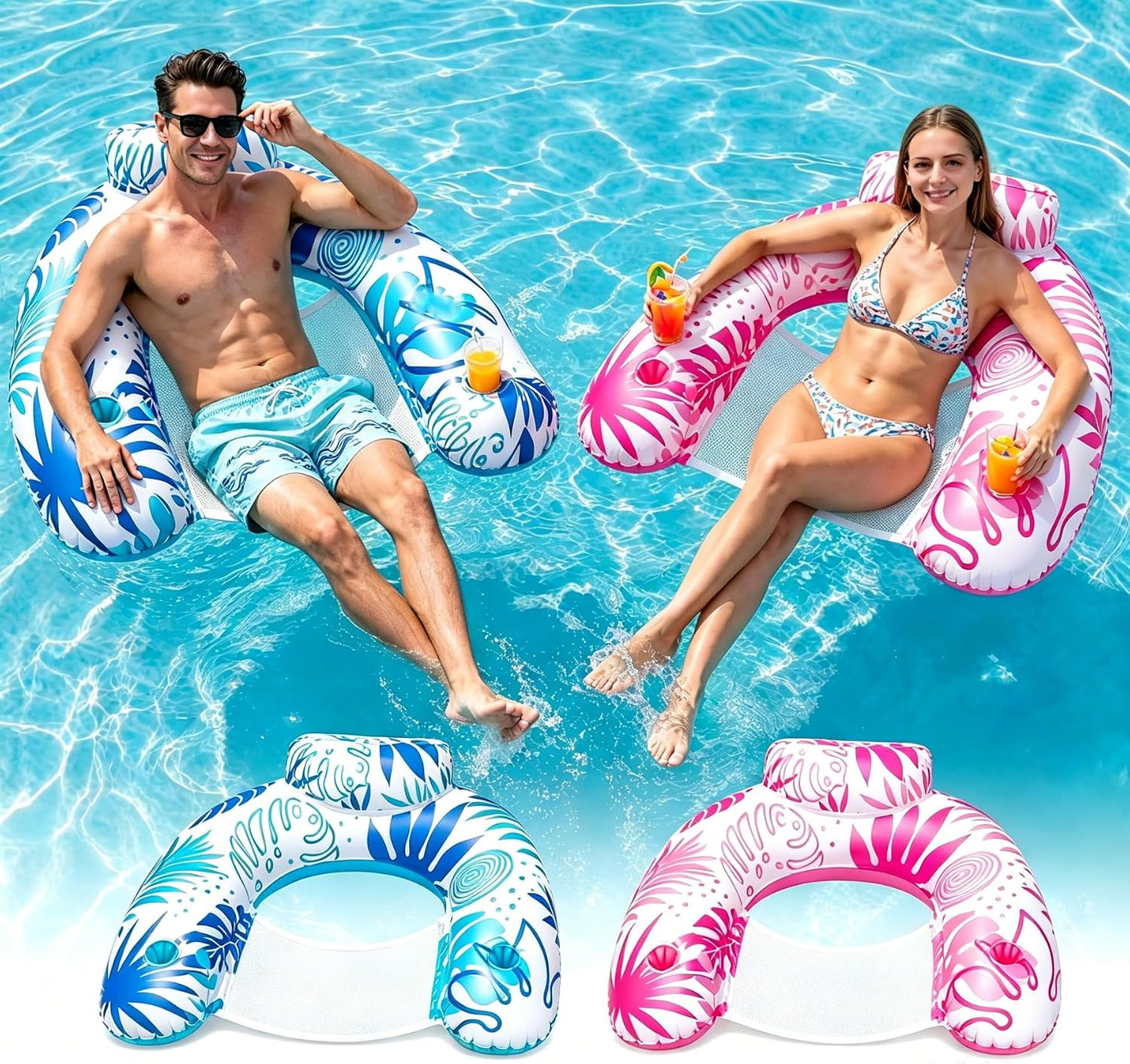 Korlon Tec Pool Floats Adult, 3Pack/2Pack/1Pack Inflatable Pool Float Chair, Portable Pool Lounger Float with Cup Holders, Floating Pool Chair Floaties for Adults Summer Pool Lake River Beach Party