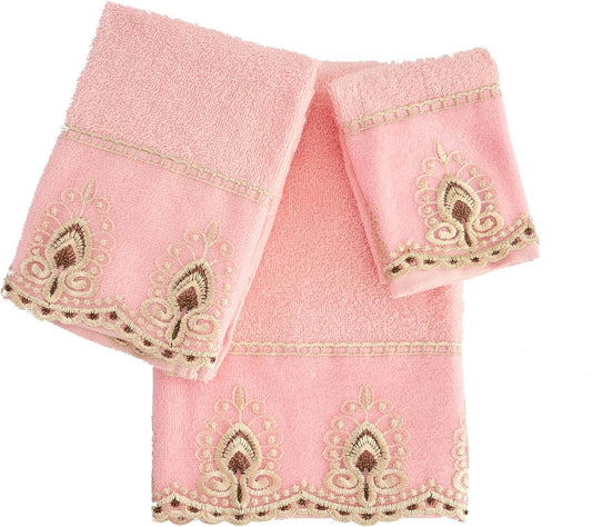 Marina Decoration Premium Luxury Decor Ultra Soft 100% Cotton Sheer Lace Bathroom Modern 3 Piece Towel Set, Pink Color