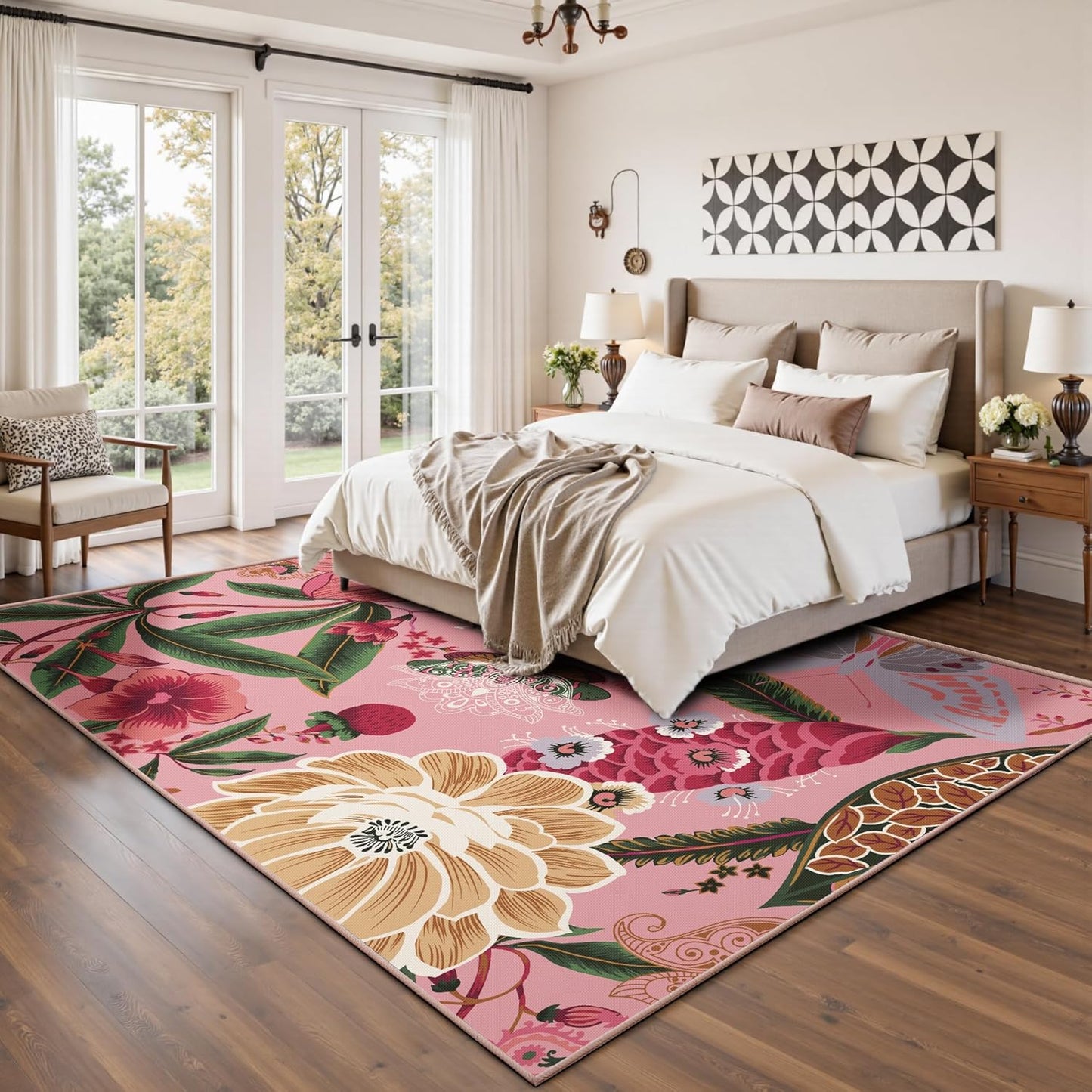 Tyrot Pink Boho Floral Living Room Rug, 5x7 Rug Washable Botanical Butterfly Area Rugs Flat Woven Ultra-Thin Non Slip Low Pile Carpet for Bedroom, Dining Room, Office, Kids Room