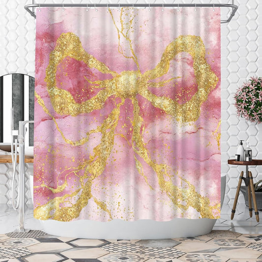 WELMECO Gold Bow Shower Curtain Modern Abstract Marble Shower Curtain 72x72inch Machine Washable Polyester Fabric with 12 Hooks Bathroom Decor (Pink)