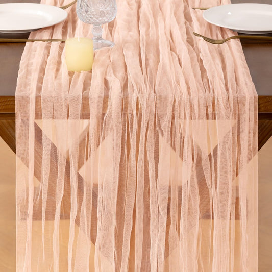 Socomi Peach Cheesecloth Table Runner Tulle Gauze Cheese clothBoho Rustic 120 inch 10FT Runner for Wedding Party Baby Shower Birthday Holiday Decorations 3pcs