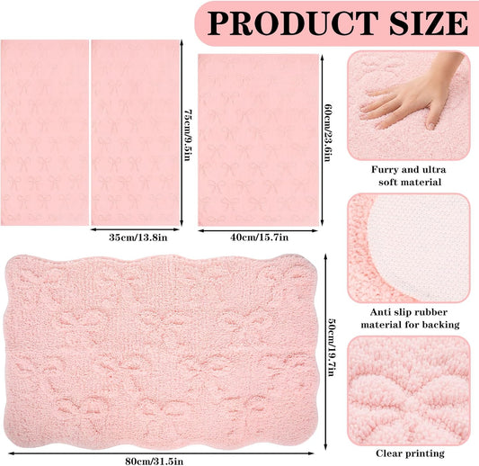 JarThenaAMCS 4Pcs 3D Pink Bow Bathroom Rug Set Soft Absorbent Jacquard Bath Towel Hand Towels Non-Slip Bath Mat for Coquette Home Hotel Shower Accessories Decor