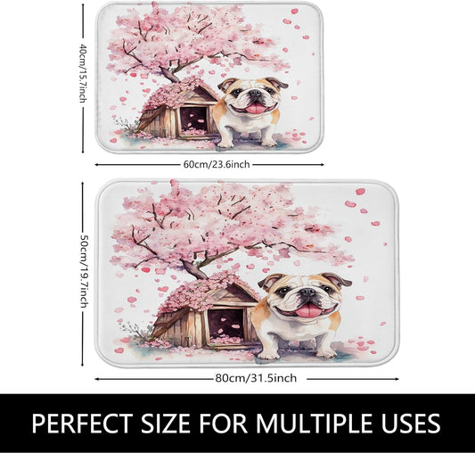 Fanciful Floral Quick Dry Bath Mat, Peach Dog and Cherries Blossom Absorbent Non Slip Shower Mat, Spring Decorative Washable Bath Rugs for Bathroom Toilet Restroom 20x32 Inch