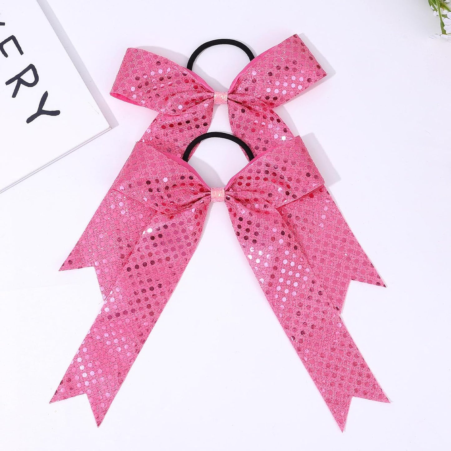VOBOBE 12PCS Glitter Long Tail Cheer Bows for Cheerleader, Pink Shiny Cheer Hair Tail Ponytail Holder for Cheerleading Girls Softball Sports (Pink)