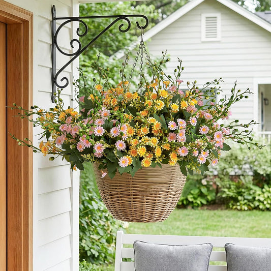 RM ROOMERS Artificial Flowers Plants for Outdoors, Fake Flowers Yellow & Pink Daisy Faux Flower for Garden Porch Windowbox Front Door Yard Wedding Home Decor Indoor Vase (4 Bundles)