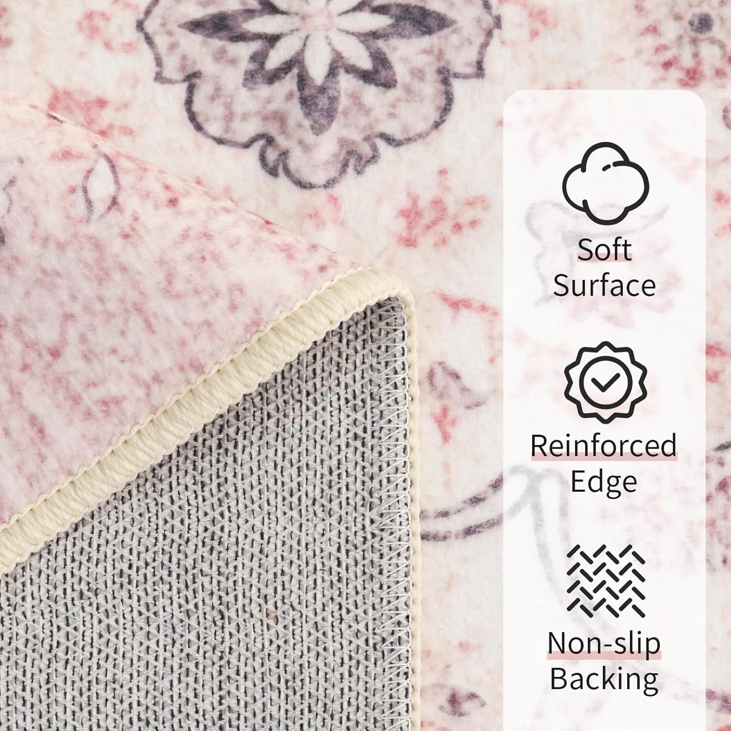 5x7 Area Rugs Washable,Pink Rug for Bedroom Living Room Kitchen Dining Room,Large Boho Vintage Bohemian Distressed Farmhouse Carpet Non Slip,Grey Blush Floral