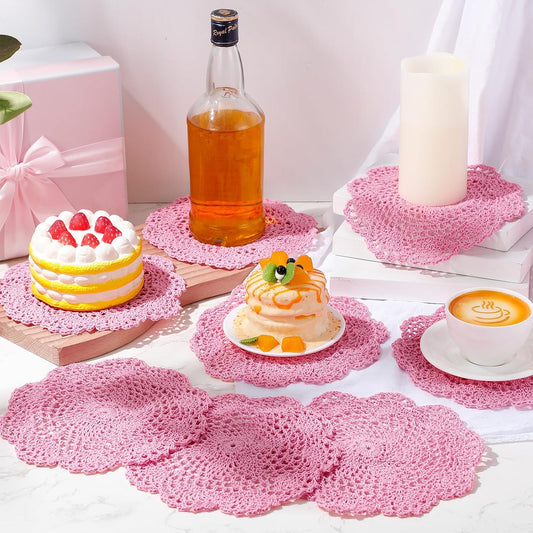 10 Pcs 8 Inch Cute Crochet Doilies Crochet Flower Coasters Handmade Cotton Coaster Round Lace Placemats with Floral Patterns Doily Cloth Set Spring Wedding Easter Party Decoration(Pink)