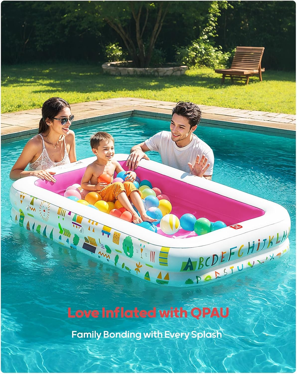 QPAU Kiddie Pool – 65" x 39" Inflatable Pool for Kids & Toddlers, Ball Pit & Baby Pool with Soft Cushioned Floor, Canopy for Sun Protection, Durable Outdoor Play Toys for Backyard & Indoor (Pink)