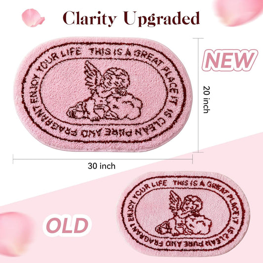 TRUEDAYS Cute Pink Angel Bath Rug - Soft Non Slip Absorbent Pink Bathroom Rugs - Vintage Sketch Design Chic Cherub Decor Bath Mat for Bathroom Dorm Vanity or Sink Area