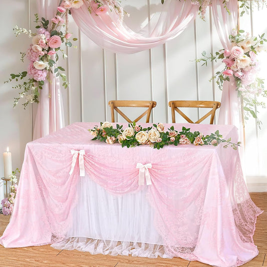 B-COOL Pink Lace Tablecloth 60x120 Inches Long Vintage Table Cloths Wedding Embroidered Rectangle Decorations for Rustic Wedding Outdoor