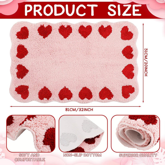 Whaline Valentine' s Day Rug Mat Bathmat 32 x 20 Inch Red Heart Scalloped Pink Absorbent Bathroom Rug for Wedding Anniversary Home Kitchen Living Room Decoration