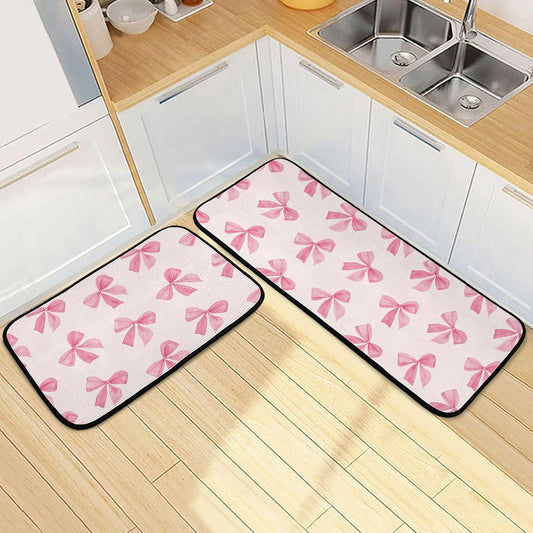 Burbuja Pink Bow Kitchen Rug and Mat Set of 2, Absorbent Washable Non Skid Comfort Standing Floor Mat for Kitchen Bathroom Living Room Sink Laundry