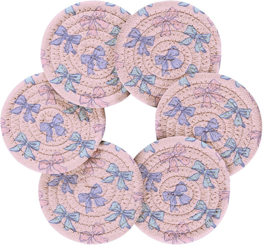 Bar Coasters for Drink with Holder Bows Light Pink Blue Coaster Set of 6 Cotton Woven Coaster for Coffee Table, Bistro Tabletop,Kitchen Home Decor