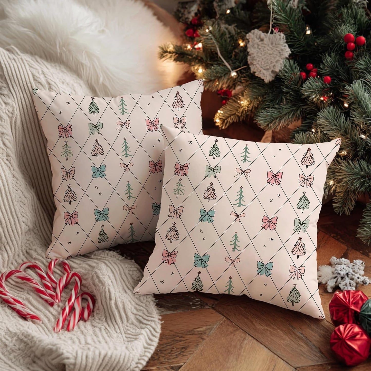 Christmas Tree Throw Pillow Covers Set of 2, Festive Fanciful Bow Diamond Xmas Peach Soft Velvet Washable Couch Pillow Covers for Living Room Bedroom Loft Office Car Decor 12x12 Inch