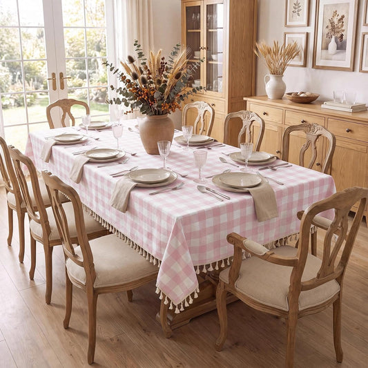 Romanstile Pink Gingham Tablecloth Rectangle, Outdoor Waterproof Linen Cotton Checkered Table Cloth with Tassel, Heavy Duty Wrinkle Free Buffalo Plaid Table Cover for Picnic Camping - 55 x 84 Inch
