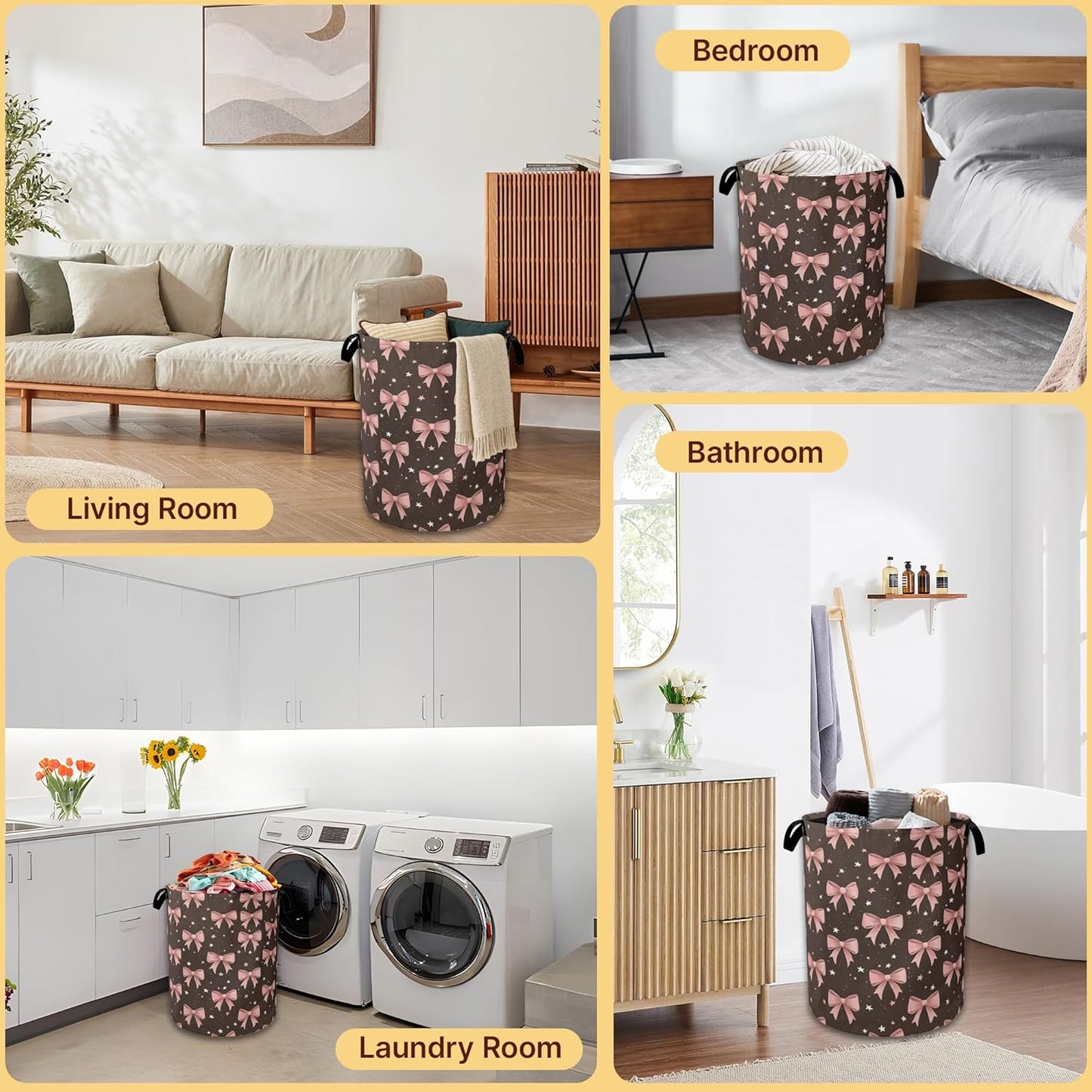 Pink Bows Laundry Basket,Cute Collapsible Laundry Baskets with Handles,Waterproof Oxford Cloth Hamper,Storage Organizer for Bathroom Bedroom Dorm