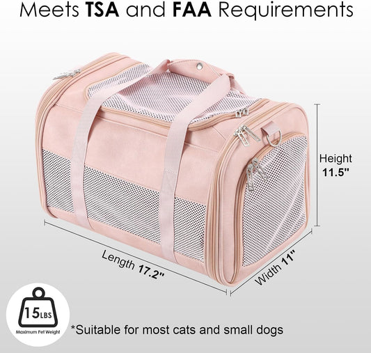 Fashion Leather Dog Carrier, Airline Approved Cat Carrier Soft Sided Pet Bag Carrier Purse for Puppy Kitten Small Animals Pink