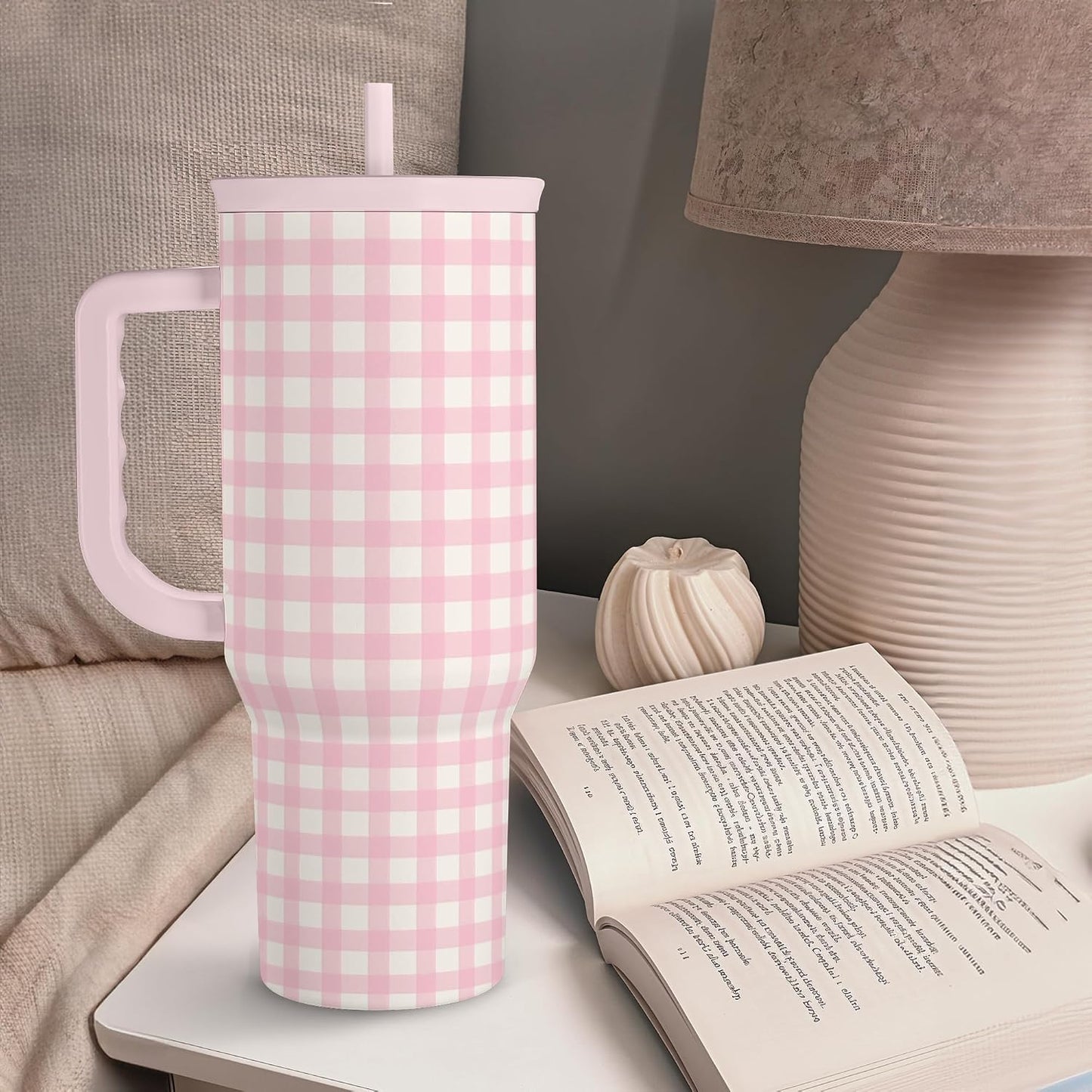 SANDJEST Pink Gingham 40oz Slider Tumbler with Handle and Straw - Insulated Stainless Steel Travel Coffee Mug for Women Girls, Gift for Birthday, Christmas