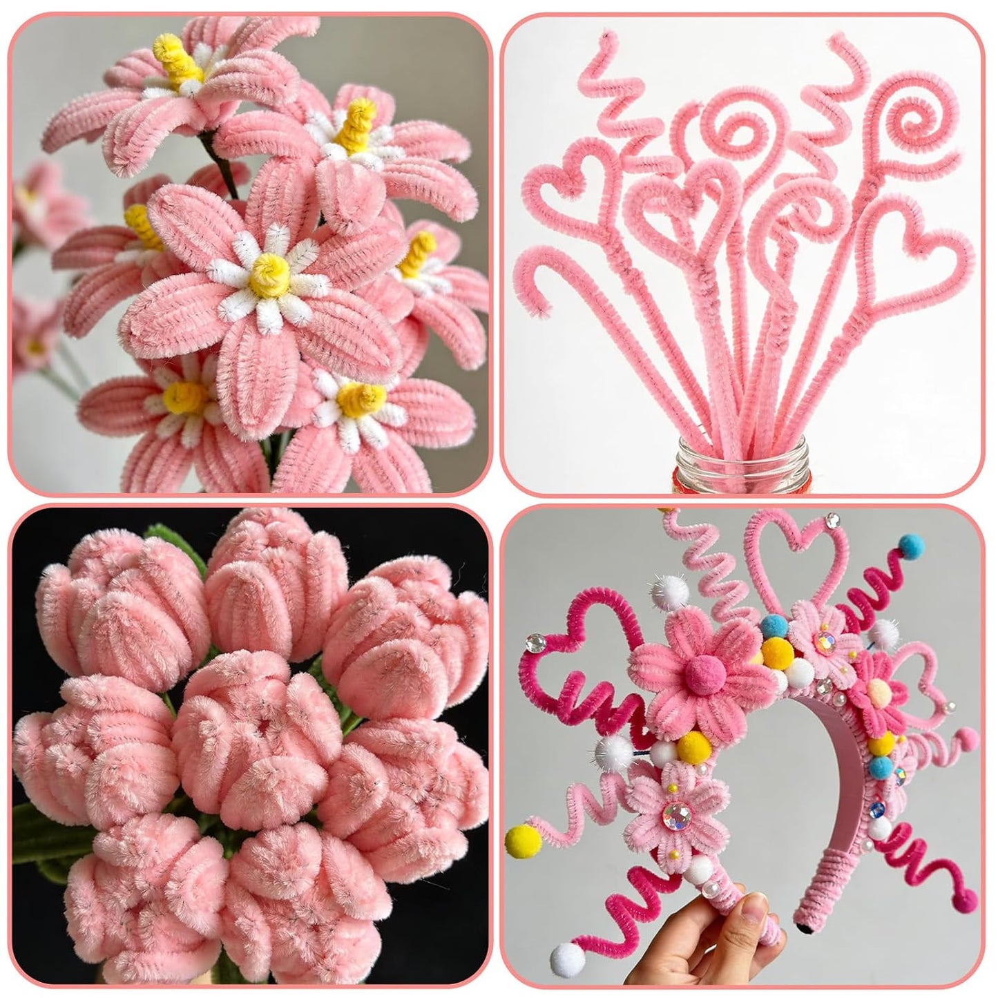100Pcs Pipe Cleaner Flower Kit, Pink Pipe Cleaners for Crafts, Thick Pastel Fuzzy Chenille Stems for DIY Crafts, Decorations and Creative Projects