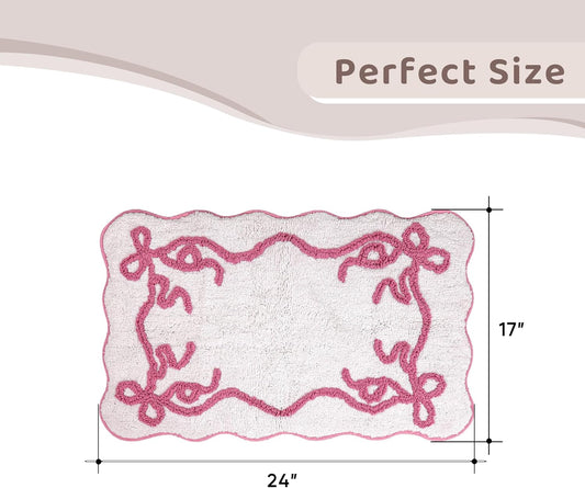 Barossa Design 100% Cotton Pink Bow Bathroom Rug - Small Scalloped Cute Tufted Bow Bath Mat, Soft Breathable Cotton Bathmat for Bathroom Decor, Non-Slip Hot Melt Adhesive Backing & Washable, 17"x24"