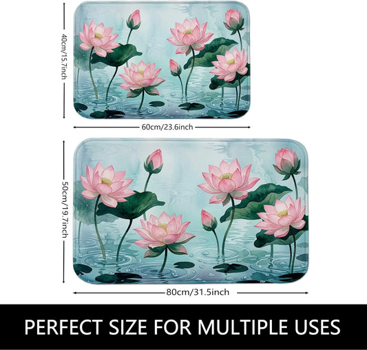 Water Lily Flower Quick Dry Bath Mat, Elegant Peach Floral Absorbent Non Slip Shower Mat, Spring Decorative Flannel Washable Bath Rugs for Bathroom Toilet Restroom 20x32 Inch
