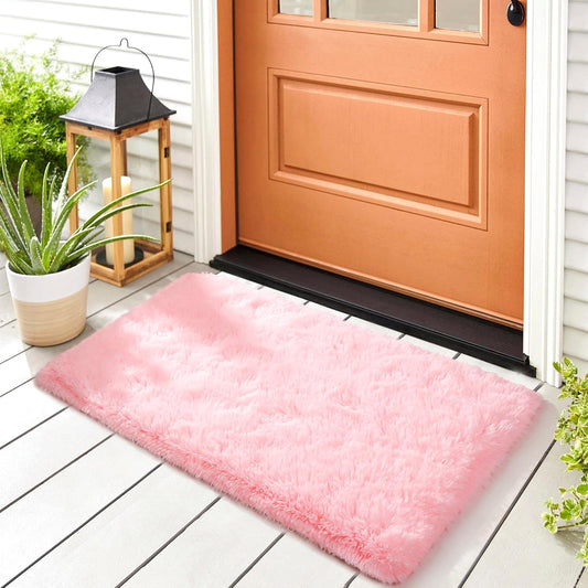 2x3 Pink Area Rug for Kids Entryway Kitchen, Fluffy Shag Soft Plush Furry Carpet Solid Color, Non-Slip Indoor Floor Mat for Bathroom Living Room Bedroom Home Decor
