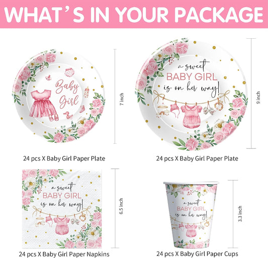 Srua Don Pink Baby Girl Baby Shower Decorations, Floral Sweet Baby Girl Party Supplies, Plate, Napkin, Cup, Tablecloth, Banner, Swirls, Cutlery, Girl Gender Reveal Table Decorations, Serves 24