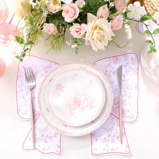 Tinlade 50 Pcs Disposable Pink Bow Placemats Christmas 8.94 x 13.78 Inches Coquette Bow Table Mats Decorative Paper Placemats for Birthday Bridal Wedding Coquette Party Table Decoration