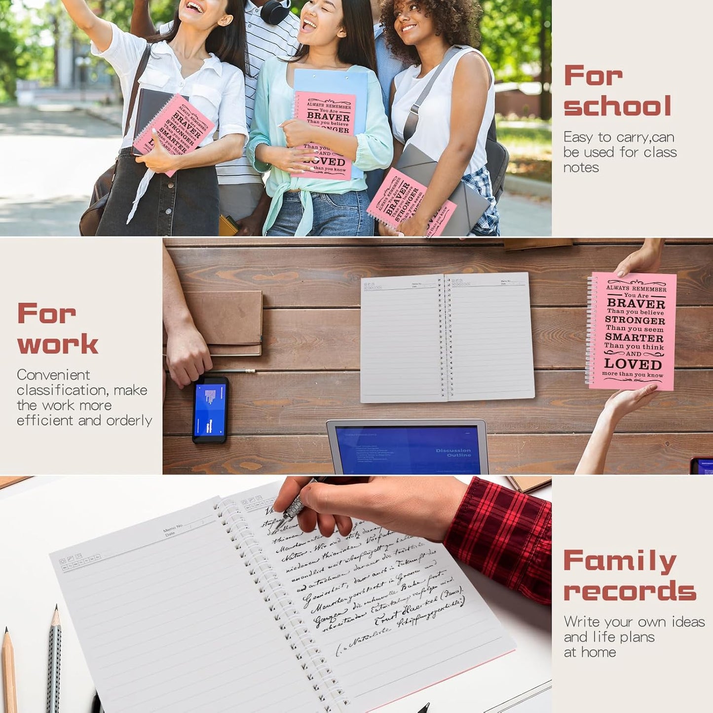 JOHSBYD Spiral Notebook Journal, 2 Pcs Hardcover Spiral Notebooks,College Ruled Hardcover Notebook for Work,A5 Notebooks for Work School Note taking, Lined Journal for Women (2Pcs Always-Pink)