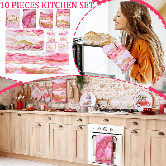 Fourluoo 10 Pcs Kitchen Dish Towels Rugs Oven Mitts and Pot Holders Kit Farmhouse Kitchen Decor Set Gloves Vintage Potholders for Baking Cooking Chef(Pink,Modern)