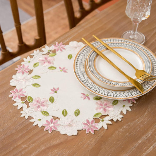 2pack Round lace Doilies,Yellow Blue Floral Cutwork Embroidered Placemats Vase Pads for Wedding Birthday Dinner Party Decor (Round11.8inch, Pink Flower)
