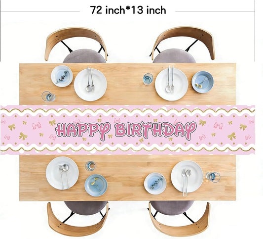 Happy Birthday Table Runner, Pink Gold Bow Polyester Fabric Kitchen Dining Table Decoration for Home Party Decoration, 13x72 Inch
