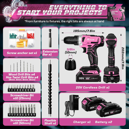 20V Cordless Drill Set,Electric Power Drill Cordless,Power Drill Drivers,Electric Screwdriver - 2.0Ah Batteries, 30Nm,21+1 Torque,2 Speed,34pcs Acessories,Built-in LED,Kit for Home,Pink