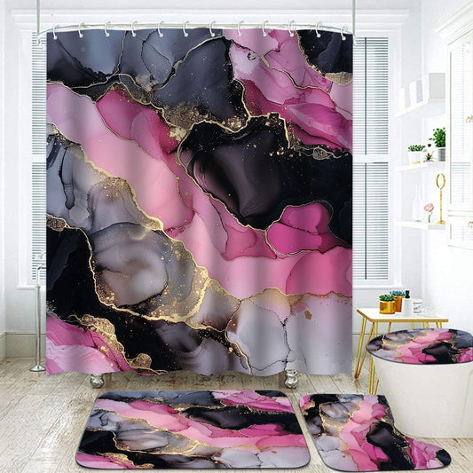 Pink and Black Shower Curtain Sets for Bathroom Decor Abstract Pink Gold Shower Curtain and Rugs 4 Pcs, Waterproof Modern Marble Texture Bath Mat Carpet Guest Toilet Restroom Bathroom Accessories