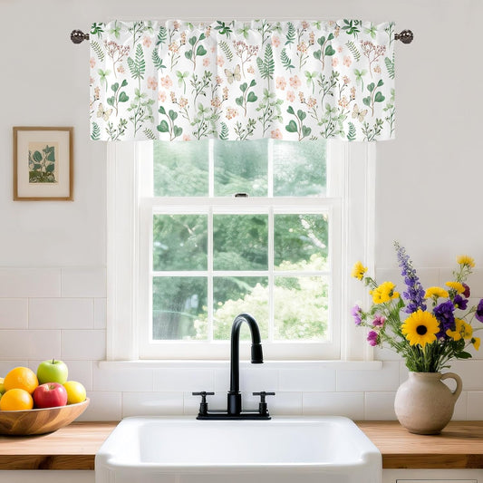 Spring Wildflower Green Leaves Valance for Windows,Window Treatment Curtains Rod Pocket Sheer Small Short Valance for Kitchen Bathroom Laundry Basement,42Wx12L inch,Watercolor Pink Floral