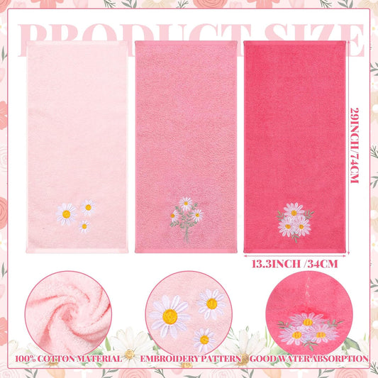 Tingjoo 3 Pcs Pink Daisy Floral Hand Towels Spring Flower Bath Towels 14x29 Inch Soft Washable Embroidered Decorative Cute Summer Cotton Soft Absorbent Decor for Bathroom Kitchen
