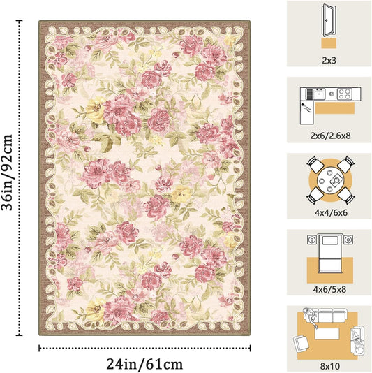 2x3 Machine Washable Area Rug for Entryway, Pink Vintage Boho Floral Rug Non-Slip Low Pile Soft Faux Wool Small Carpet, Kids and Pets Friendly for Bedroom Kitchen Hallway Bedside Home Decor Rug